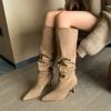 Fashion Pleated Faux Suede Knee-High Boots Women Pointed Toe Slip-On Western Cowboy Boots Woman 2025 Autumn Thin Heels Long Botas Mujer