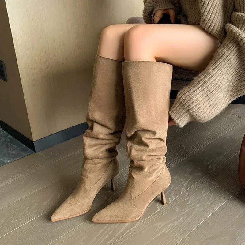 Fashion Pleated Faux Suede Knee-High Boots Women Pointed Toe Slip-On Western Cowboy Boots Woman 2025 Autumn Thin Heels Long Botas Mujer