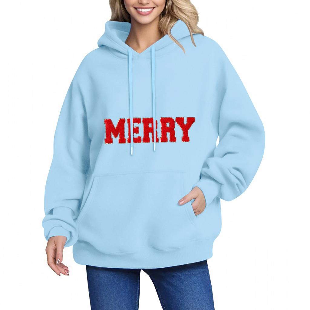 MERRY Women's Hoodie Letter Small Print Long Sleeve Pocket Loose Pullover Sweatshirt Top