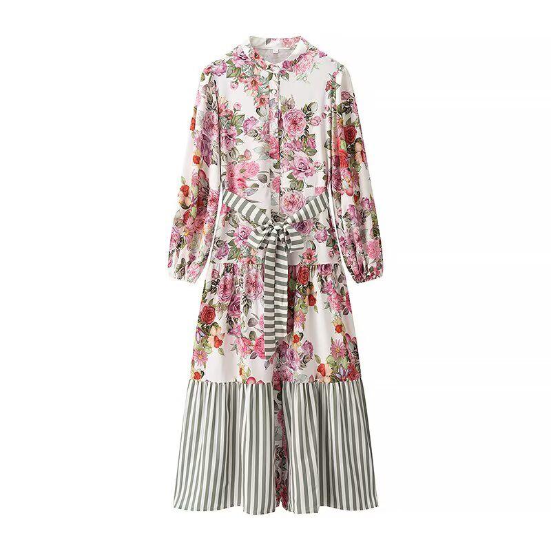 

Kaslead New Arrival Women s Clothing Fashion Style Minimalist Elegant Retro Print Stripes Contrast Color Puff Sleeve Dress Color L