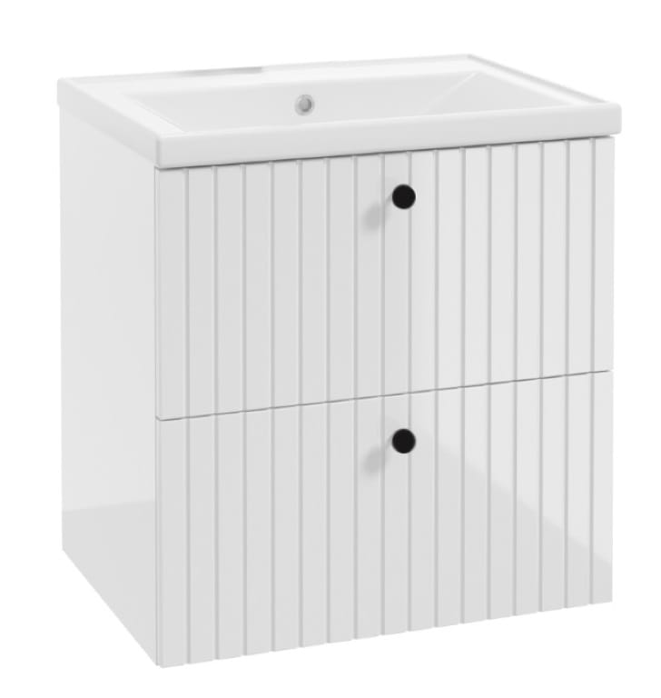 Bathroom Cabinet with Washbasin, Grooved, 60 Cm, White Gloss, Rietti Lamellas