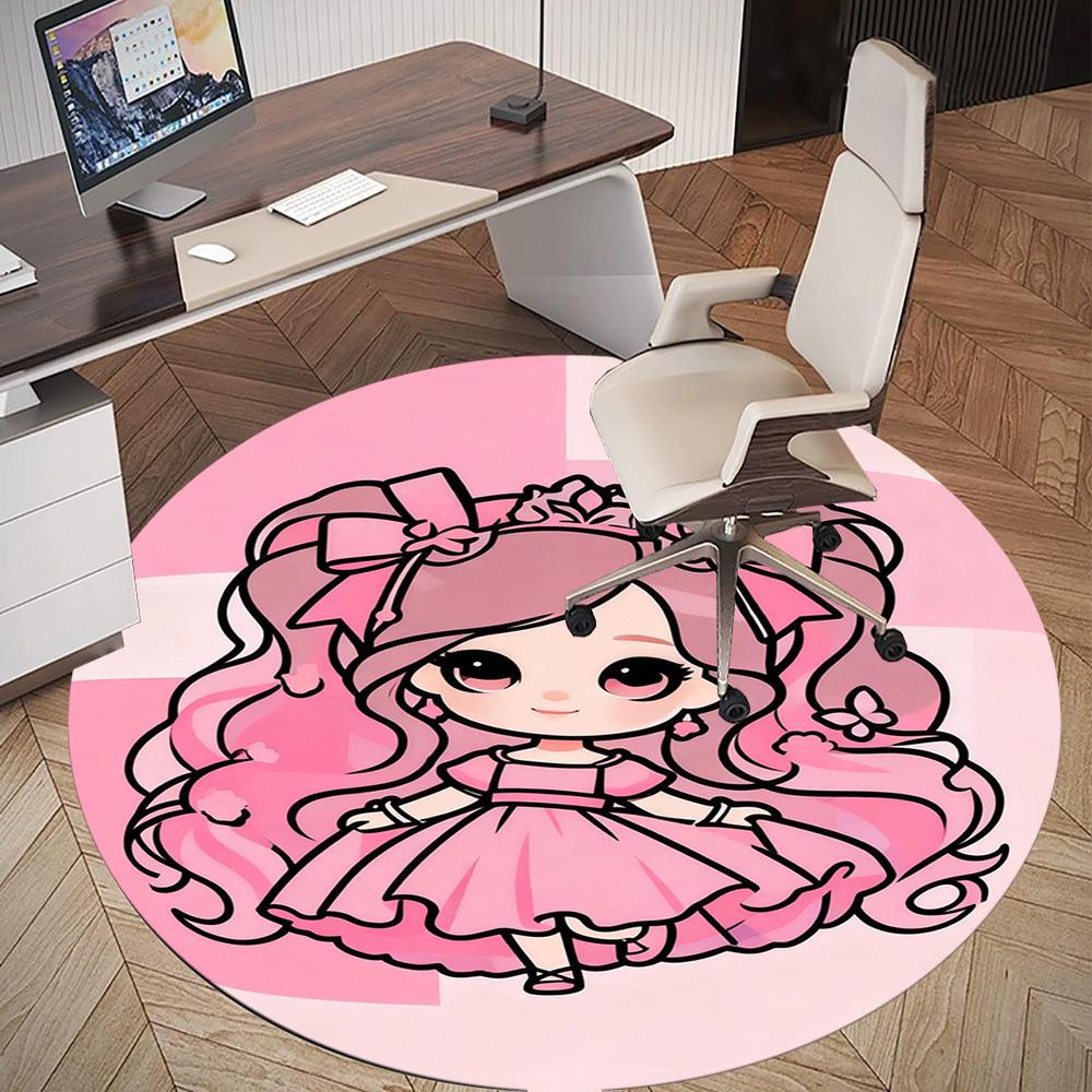 1PC Pink Princess Round Chair mat Area Rug - Non-Slip, Floor Mat for Office, Bedroom, and Indoor Decor -Gift D1127274