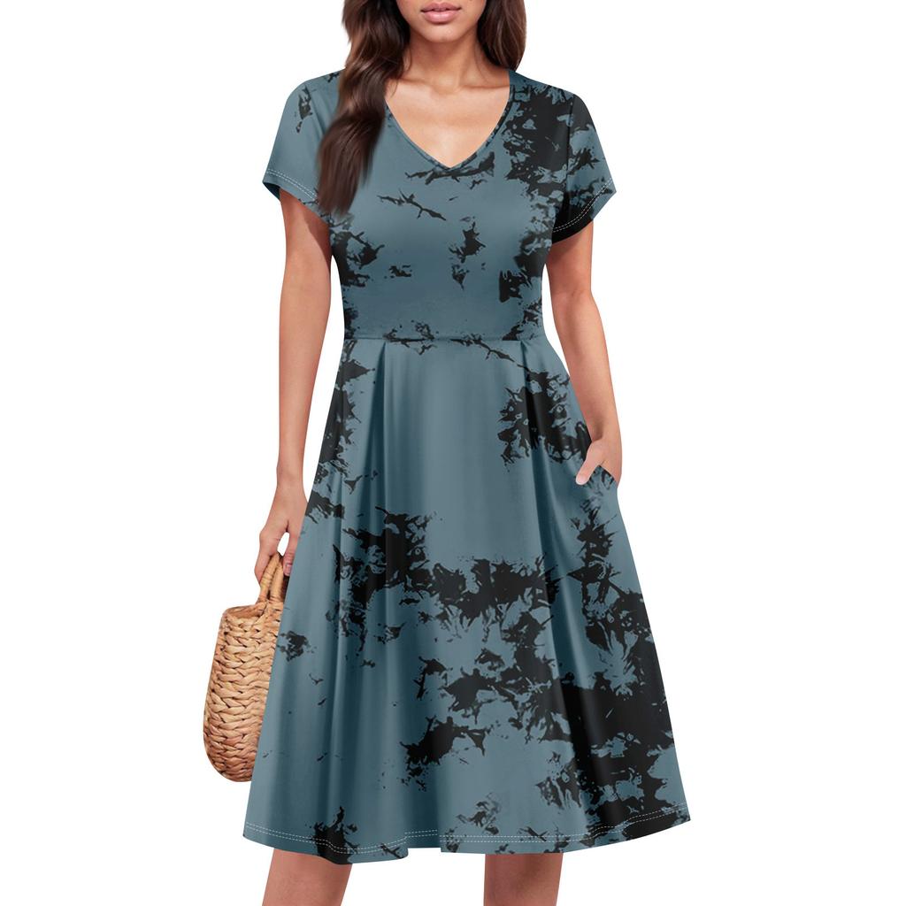 Rochie de vară pentru femei cu mânecă scurtă, decolteu în V, rochii scurte, modă casual, fluidă, linie A, rochie de soare lejeră cu buzunar