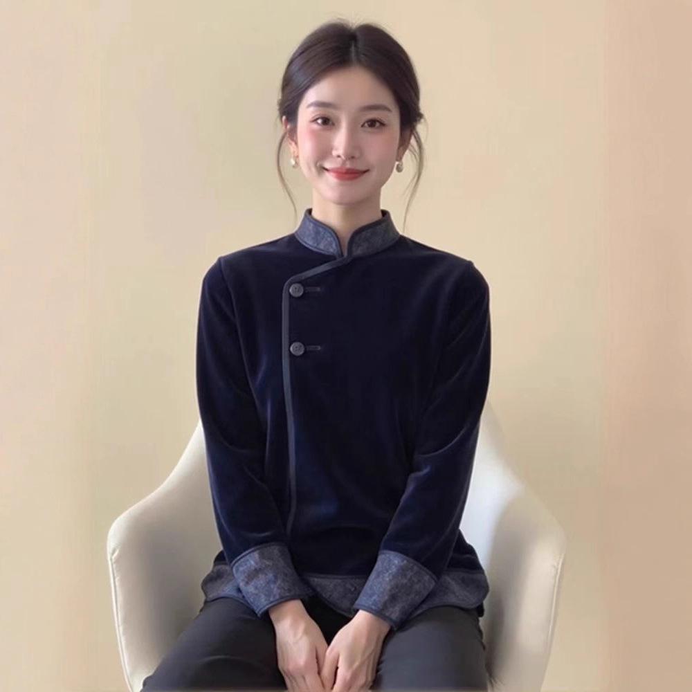 Navy Blue Velvet Stand Collar Jacquard Top - Chinese Style, Winter Slim-Fit for Women L