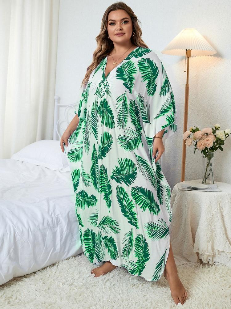 EDOLYNSA Женское длинное платье-кафтан большого размера с зеленым принтом — фото 4