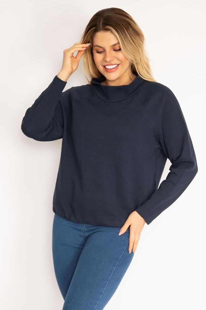 Damen Stil Übergröße Sweatshirt Plus Size Marineblau Raglanärmel Saum Ösenspitze Sweatshirt