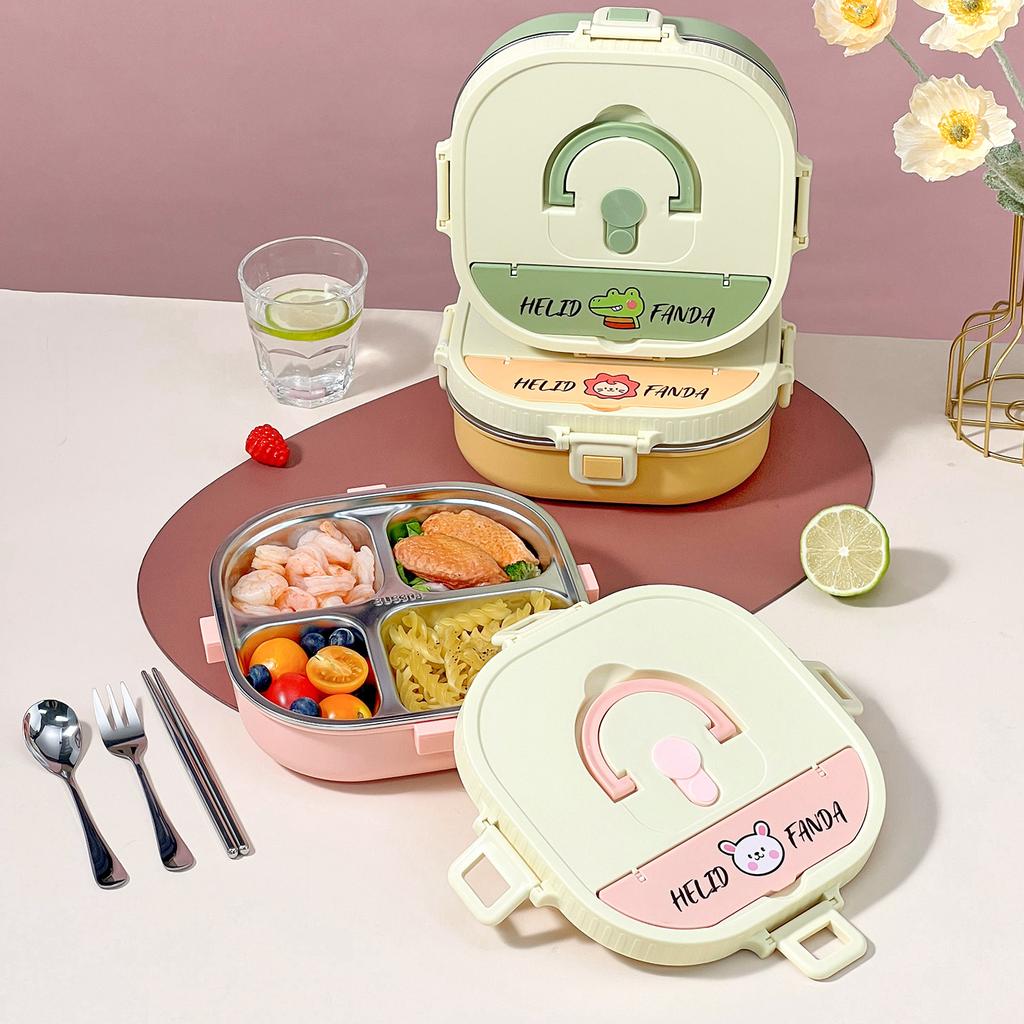 850/900Ml 304 Stainless Steel Lunch Container With Tableware Portable Divided Lunch Box For Kids Leak Proof Microwave Bento Box