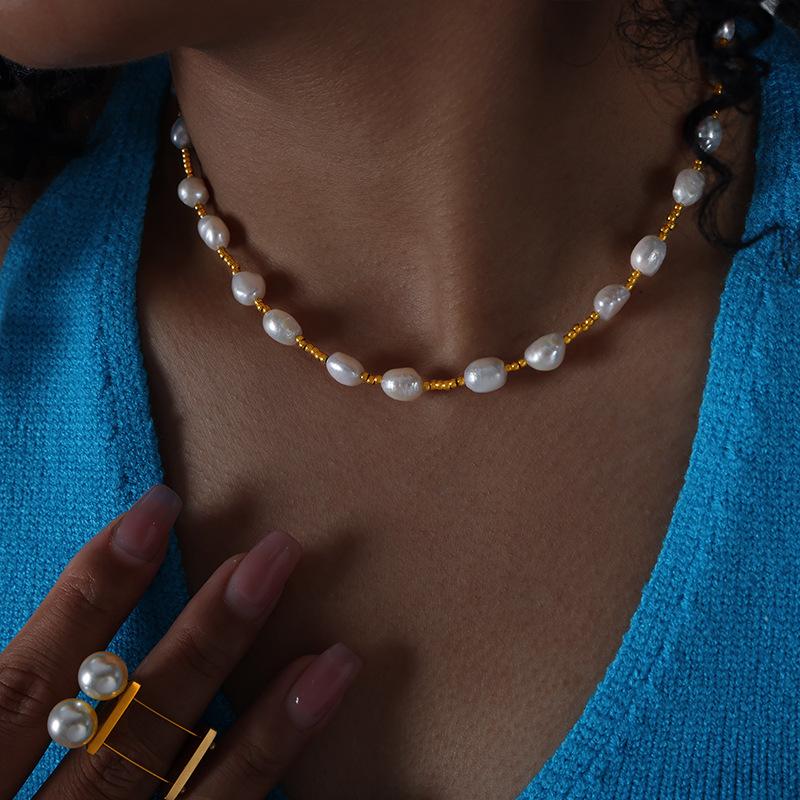 Freshwater Pearl Necklaces For Women Splicing 18k Gold Plated Stainless Steel Beads Necklace Luxury Woman Jewelry