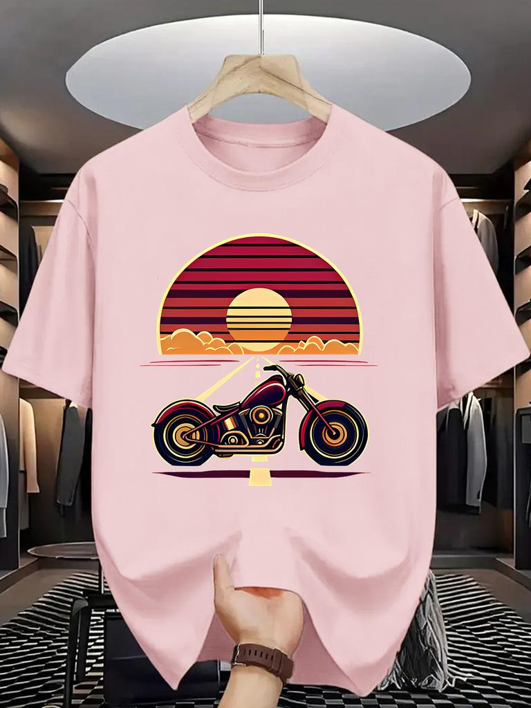 Vintage Biker Print Unisex Short Sleeve Tshirt Classic Motorbike Sunset Highway O Neck Tee Rider Style Male Street Fashion Tops