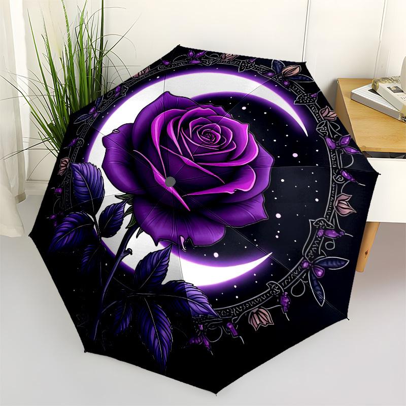 1pc Purple Rose Crescent Moon Wreath Umbrella with Plastic Handle,Suitable for All Seasons UmbrellaPT476