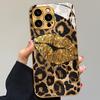 Gold Lip Leopard Print Gold Metallic Paint Glass Phone Case For iPhone 11 12 13 14 15 16 17 Pro Max 15 14 Plus 17 Air 16E Cover