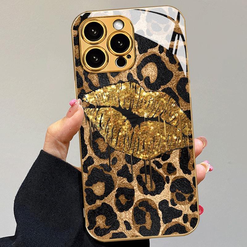 Gold Lip Leopard Print Gold Metallic Paint Glass Phone Case For iPhone 11 12 13 14 15 16 17 Pro Max 15 14 Plus 17 Air 16E Cover