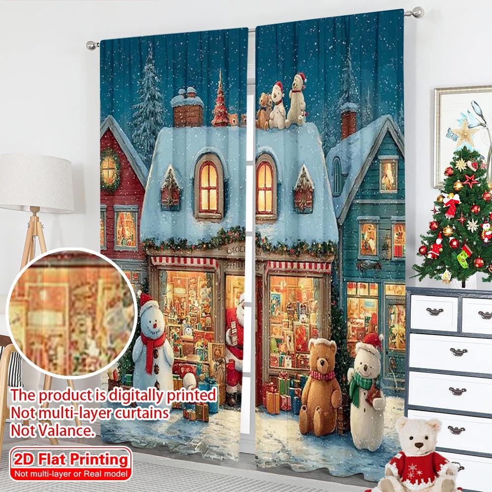 2pcs 2D flat printing Merry Christmas Scene Curtains Santa's Toy Store Fabric Without Electricity Family Party Perfect for