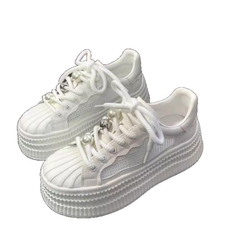 Little White Shoes Women's Summer Single Net 2025 New Soft Leather Shell Head Thick-soled Breathable Mesh Yarn Showing Feet Small Casual Board Shoes