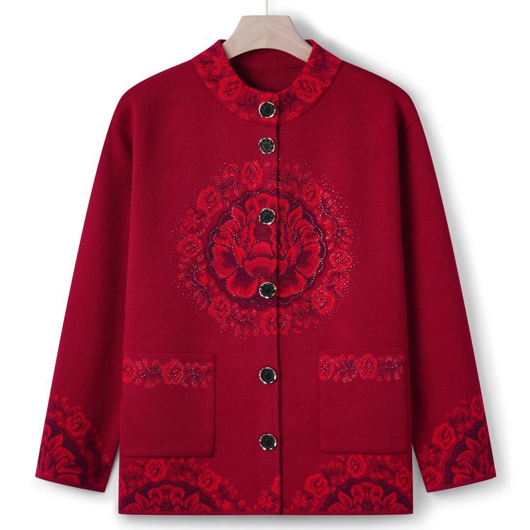 Middle-aged and Elderly Women's Sweater Autumn and Winter Sweater Jacket Grandma's Cardigan Top Mother's New Style Collar Flower Tang Suit