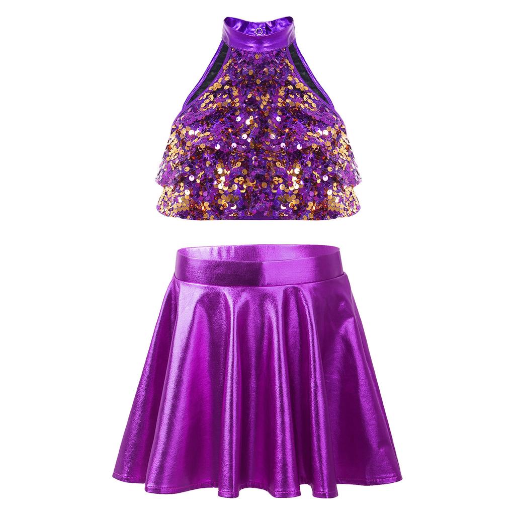Mädchen Glitzerndes Pailletten Mock-Neck Ärmelloses Crop Top Metallischer Rüschen-Mehrlagenrock Tanzauftritt Outfit