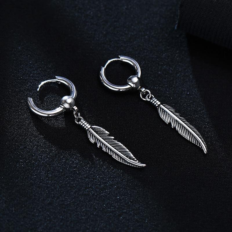 Mens Feathers Drop Earrings,Stainless Steel Wings Huggies Hoop Earings,Rock Punk Vintage Cool Jewelry Gifts