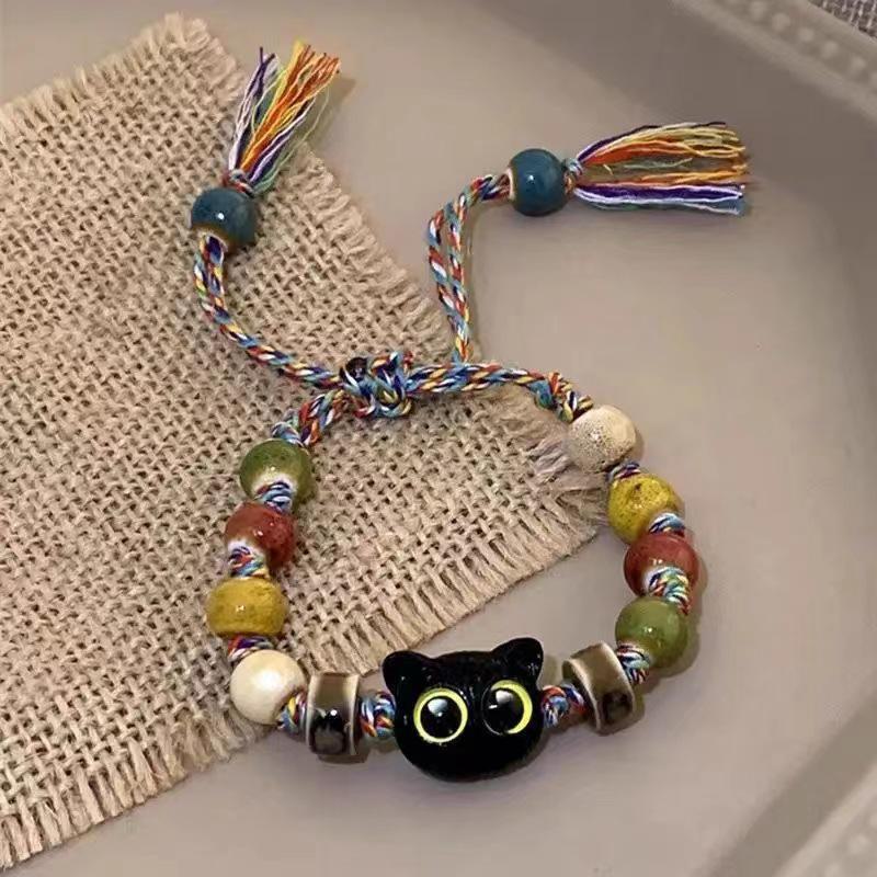 2025 High-End Colorful Braided Rope Cat Bracelet with Beads - New Cartoon Design, Summer Niche Accessory