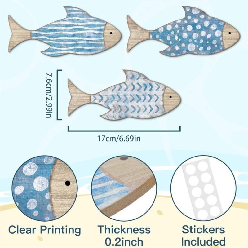3Pieces Handcrafted Wooden Fish School Wall Hanging Sculpture Ornaments For Coastal Nursery Decors Beach Theme Design