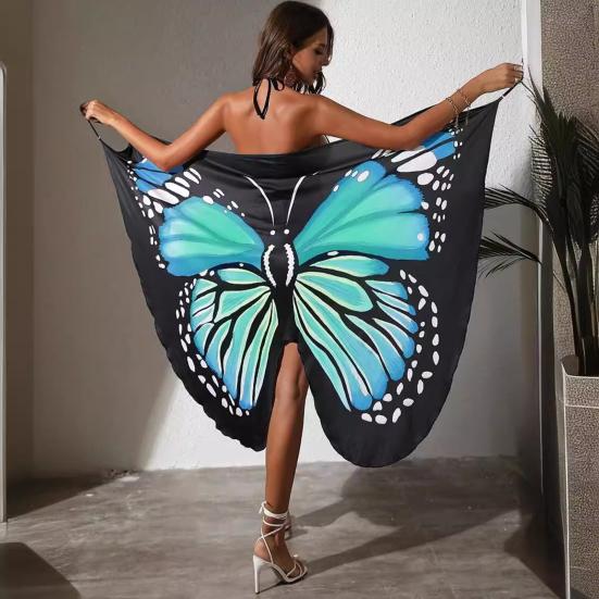 Women Beach Dress Versatile Spaghetti Strap Wrap Skirt Breathable Butterfly Wings Pattern Cover Up