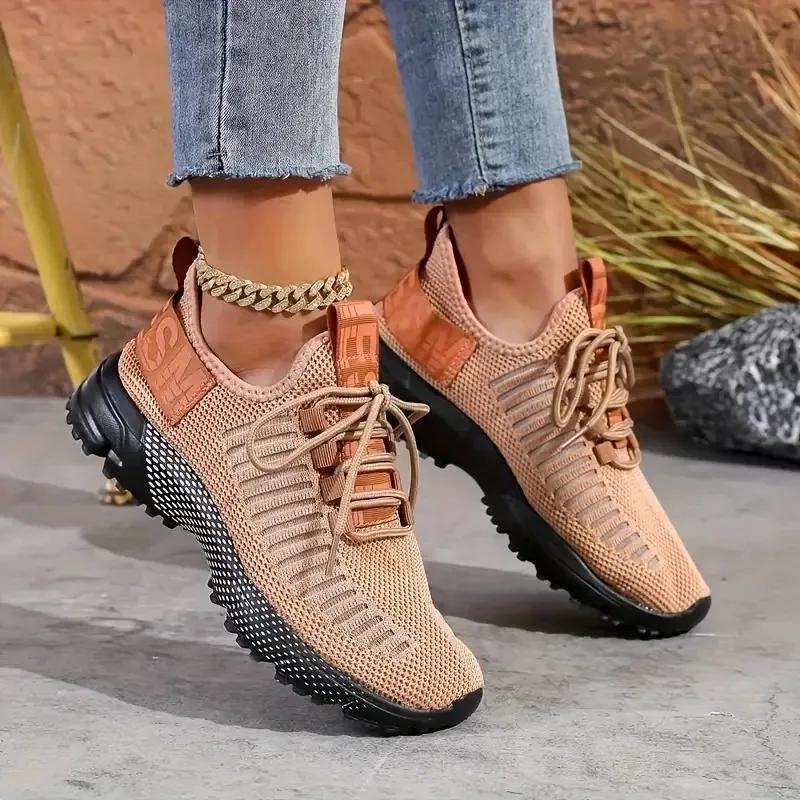 Sneakers Women Luxury Casual Tennis Fashionable Breathable Knitted Walking Shoes Black Anti Slip Lace Up Women'S Running Shoes
