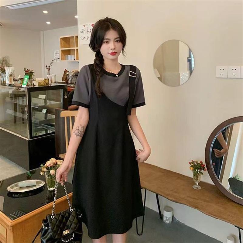 Women's Plus Size Fake Two-Piece Dress Black White Colorblock Casual Summer Short Sleeve A-Line Sundress