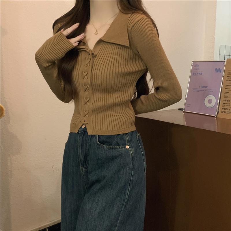 

Polo Collar Long Sleeve Knitted Slim Petite Sweater for Women - Early Autumn Collection One Size, High Elasticity, 70-125 jin