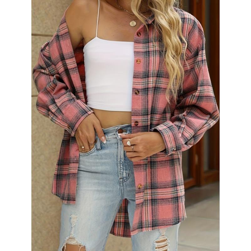 Vintage-Inspired Plaid Long Sleeve Shirt for Women - Blend, Button-Up, Machine Washable - Perfect for Fall & Spring