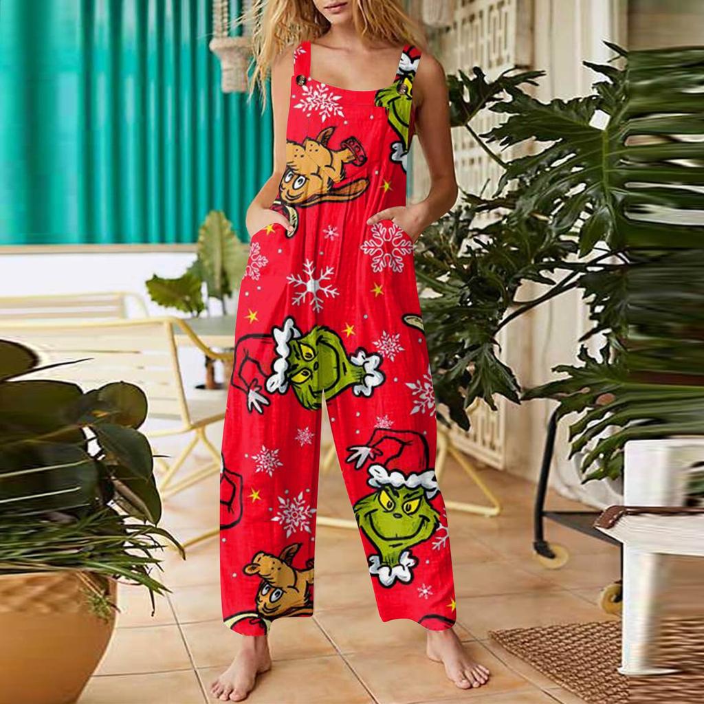 Women's Fashion Christmas  Print Casual Retro Sleeveless Button Jumpsuit