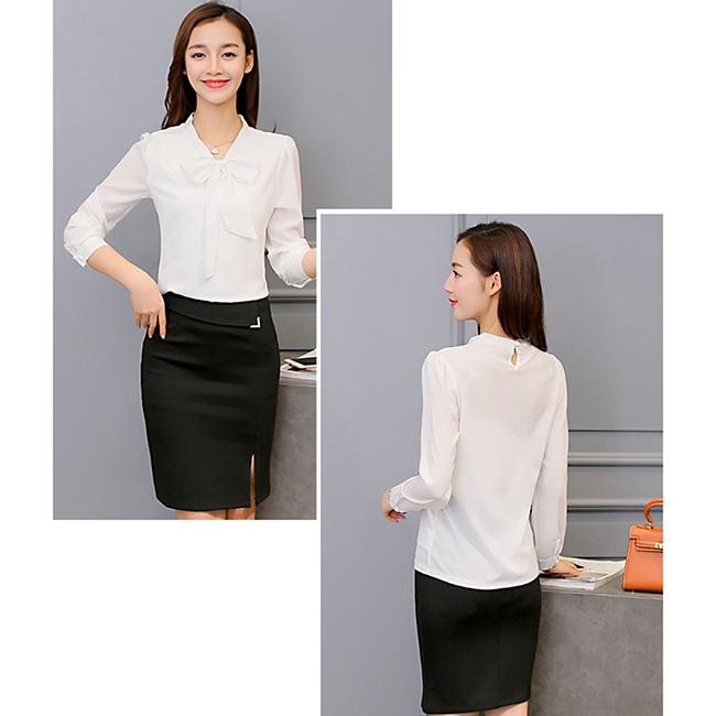 Fashion Casual Chiffon Bow Long Sleeve Shirt Office Women Tops