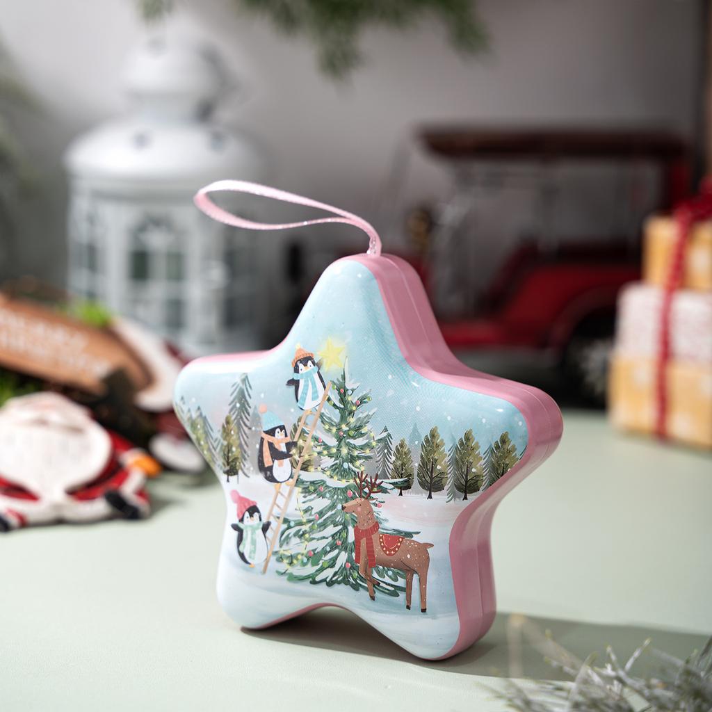 Christmas Tin Box Star Shaped Chocolate Cookies Candy Box With Hanging Rope Christmas Storage Box Ornaments Gifts