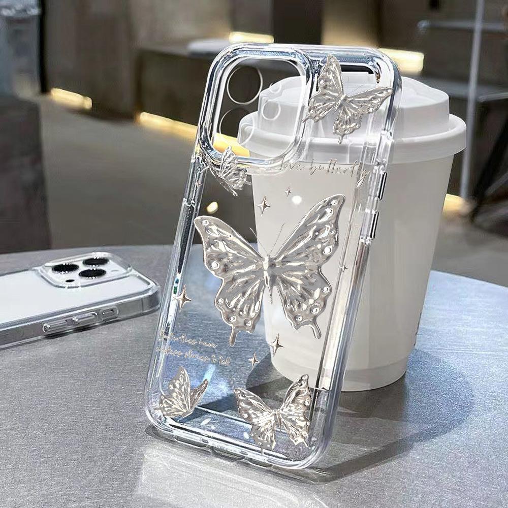 Silver butterfly for iPhone17 Pro space phone case Apple 16 transparent 15/14 advanced sense 13 fine holes