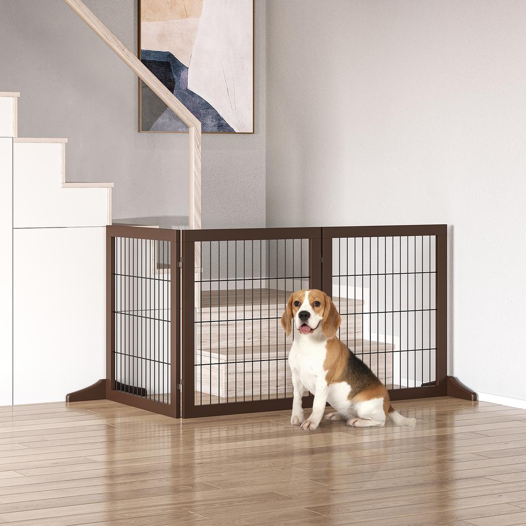 Freestanding Dog Gate 3 Panel Safety Pet Barrier Foldable W/ Support Feet Brown 185 X71 Cm