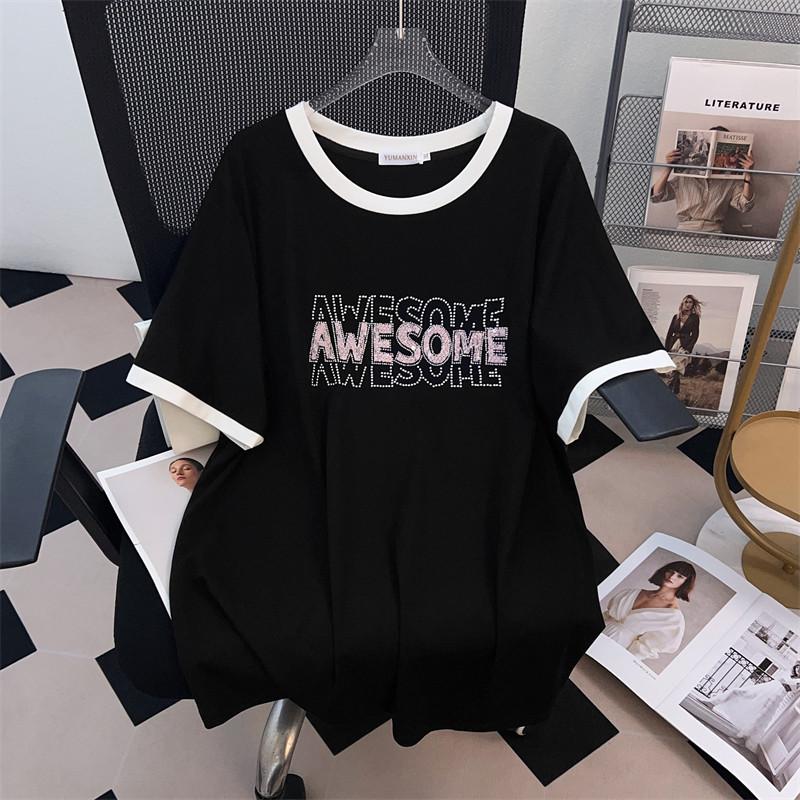 Plus Size Figurformendes, lockeres, mittellanges Kurzarm-T-Shirt für Damen – Rundhalsausschnitt 