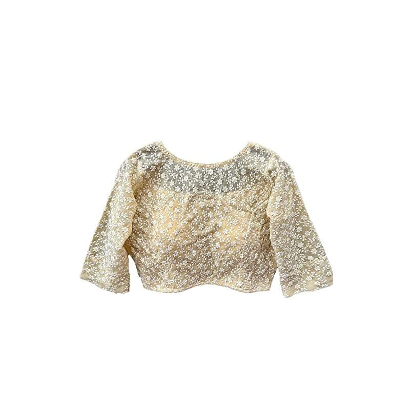Vihu Fashion Womens Georgett Readymade Fancy Sifli Work Half Sleeve Saree Blouse.(Sifli Flower Cream_38)