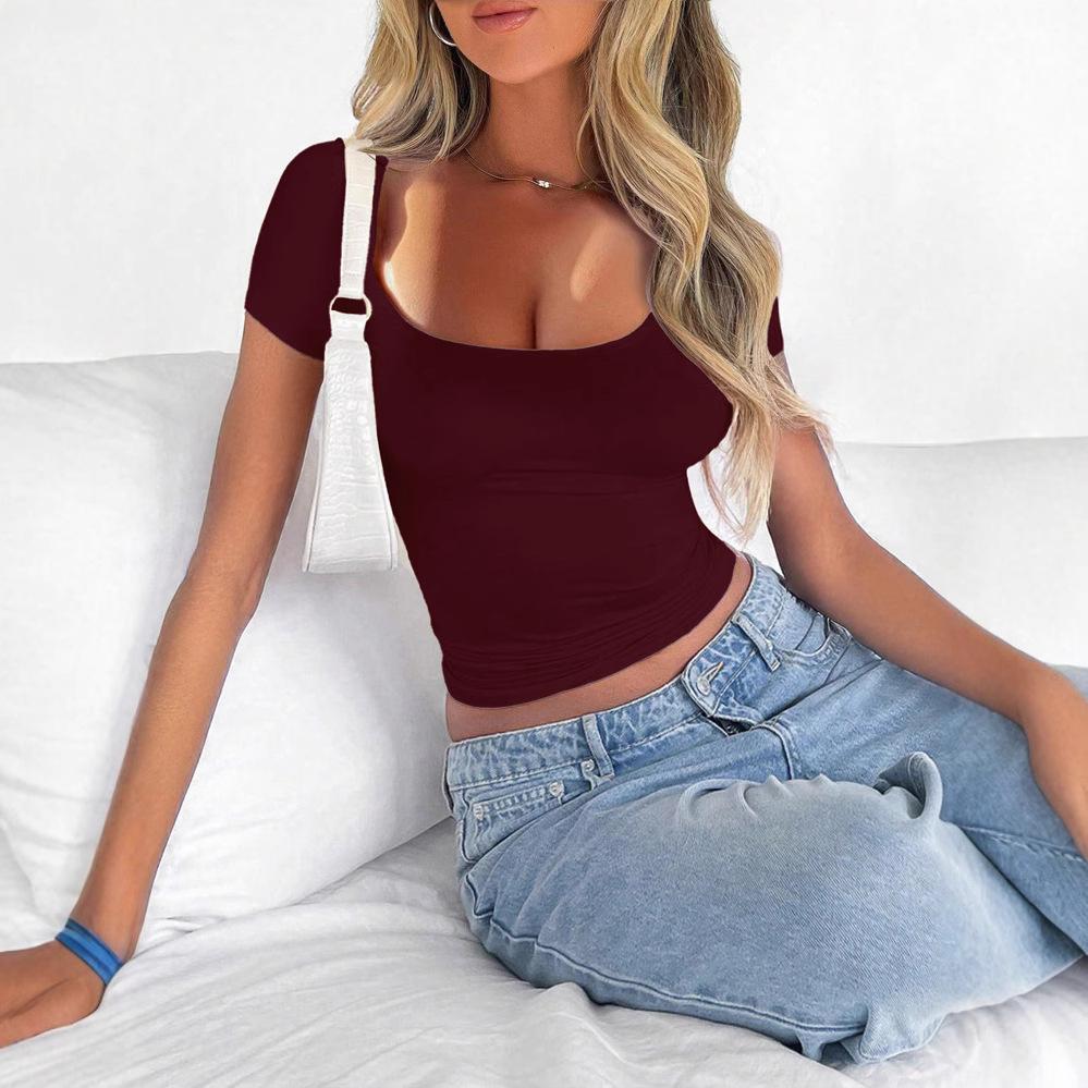 Women's Short Sleeve Square Neck Slim Fit Navel T-Shirt