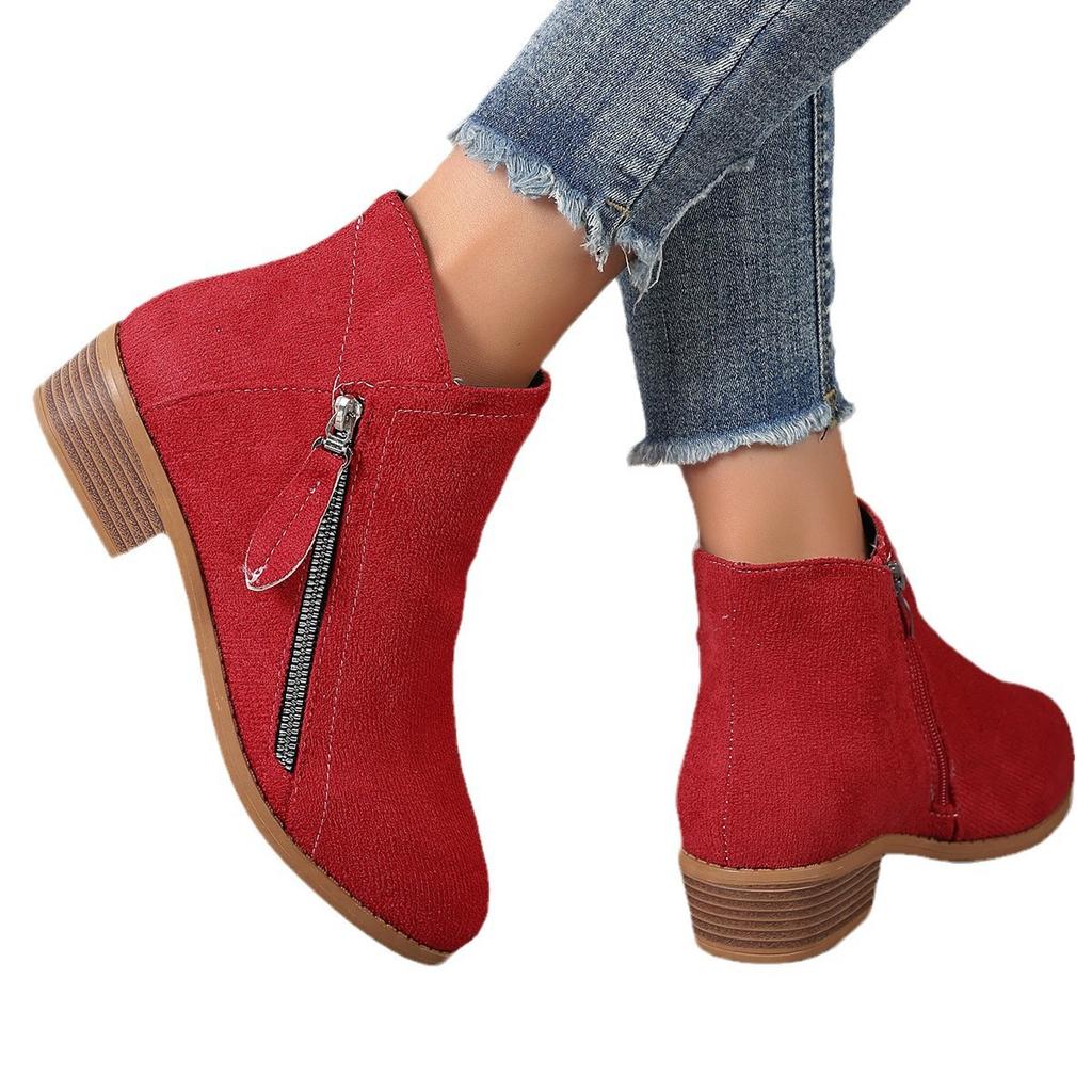 Winter new mid-heel Martin boots large size women's boots solid color low-top side zipper women's Martin boots