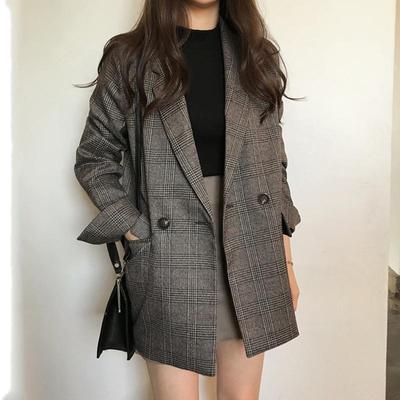 Lattice Women's Clothing Blazer Suits Long Sleeve Jacket Casual Vintage Coat Plaid Blazer Jacket Notched Loose Elegant Women Tops