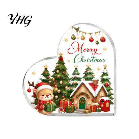 Transparent Heart Shaped Decor Acrylic Christmas Tabletop Sign, 2D Winter Snow Scene Desktop Ornament Romantic Gifts with Santa, Snowman & Xmas House,