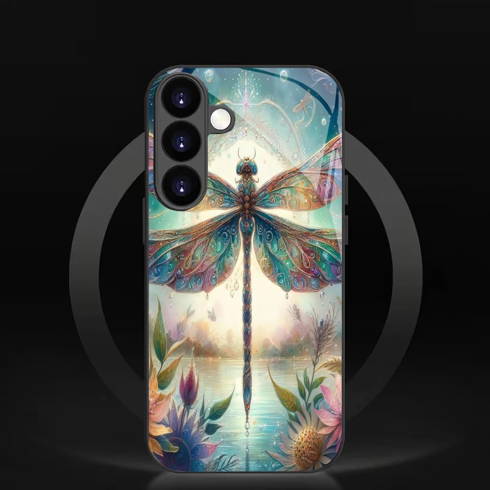 Dragonfly pattern tempered glass phone case suitable for Samsung GalaxyS26 S25 S24 S23 S22 S20FE/Ultra/Plus anti drop back cover