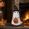 Halloween Table Centerpiece Ghost Figurine, Cute Wearing Hat And Holding Holiday Vibes Decor Pumpkin Statue, Resin Ornament for Shelf Tabletop