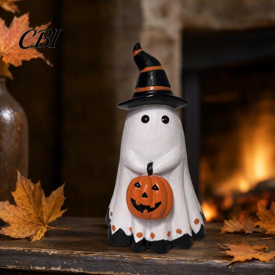 Halloween Table Centerpiece Ghost Figurine, Cute Wearing Hat And Holding Holiday Vibes Decor Pumpkin Statue, Resin Ornament for Shelf Tabletop