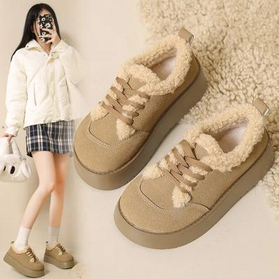 Fashion Casual Woman Shoe Loafers With Fur Clogs Platform Round Toe Modis Slip-on New Creepers 2024 Winter Lace-Up Solid Leisure Fashion