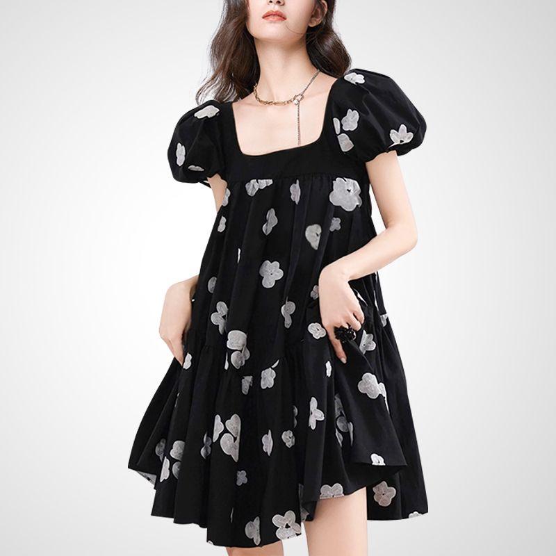 

Niche Retro Summer Square Collar Print Dress Flower color XL