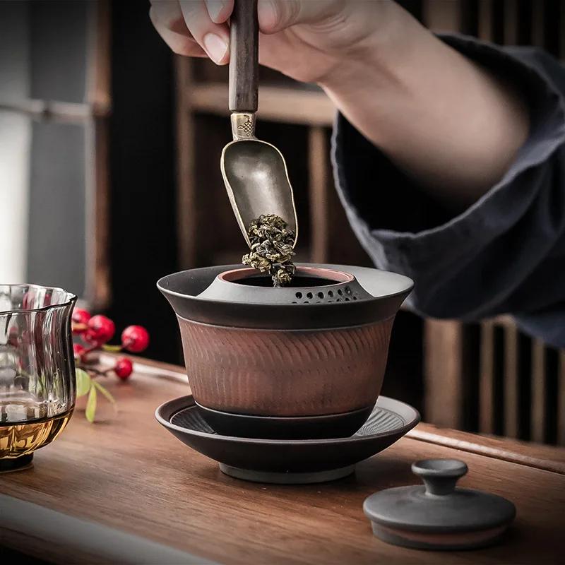 Purple Pottery Tea Set Sancai Gaiwan Tea Cup Single High-Grade Kung Fu Tea Bowl with Lid Ceramic Gaiwan Household