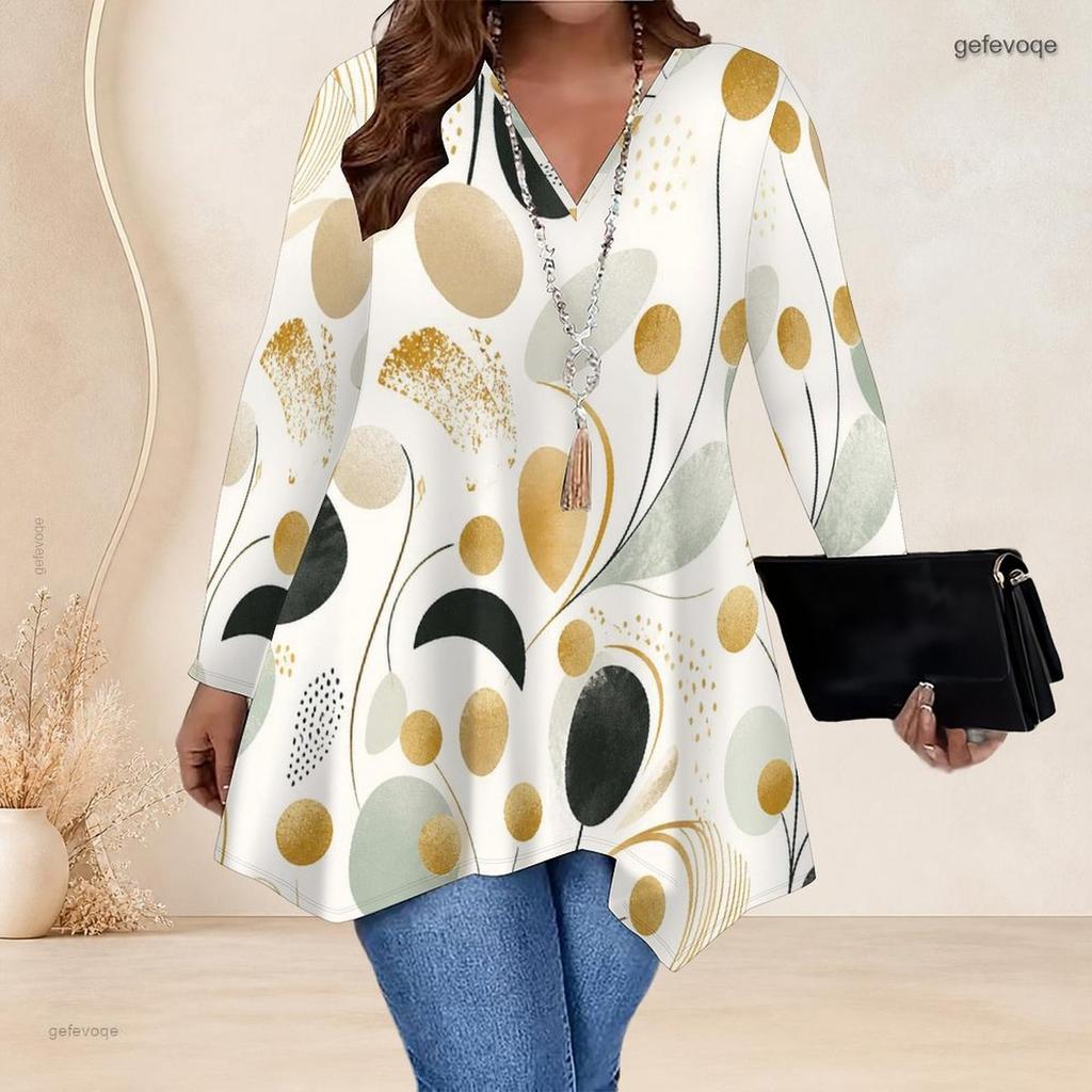 Women Plus Size V Neck Long Sleeve Irregular Split Hem Tunic Top Black Golden Swirl Print