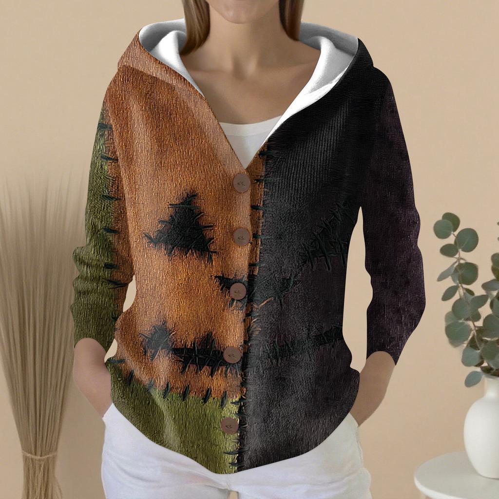 Women's Fashion Casual Sweater Button-Up Print Cardigan  Hooded Jacket