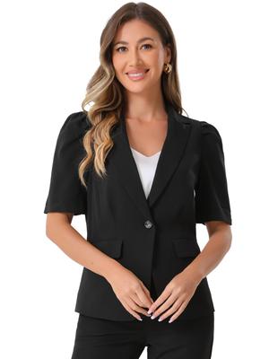 Allegra K Damen Blazer Jacke mit kurzen Ärmeln und Knöpfen, Perfekt für Pendeln, Sommer, Büro und Freizeit, Schwarz, Größe M