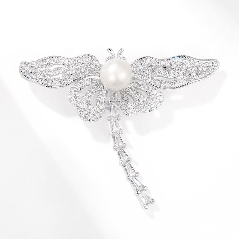 Elegant Dragonfly Pearl Brooch: Silver Zircon Insect Pin for Suit or Coat