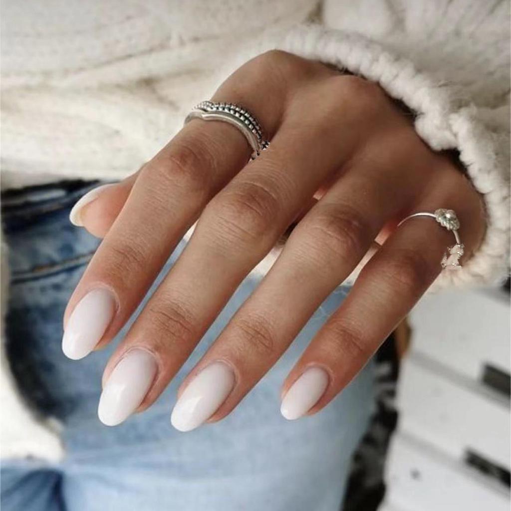 Set of 24 Medium-Long Milk White Round Press-On Nail Art Patches